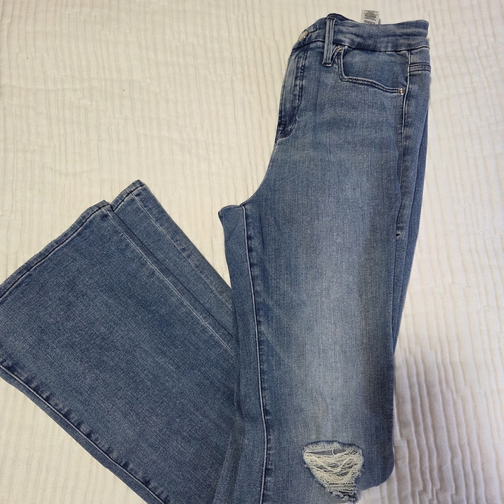 Good American Blue Flare Jeans with Knee Distress